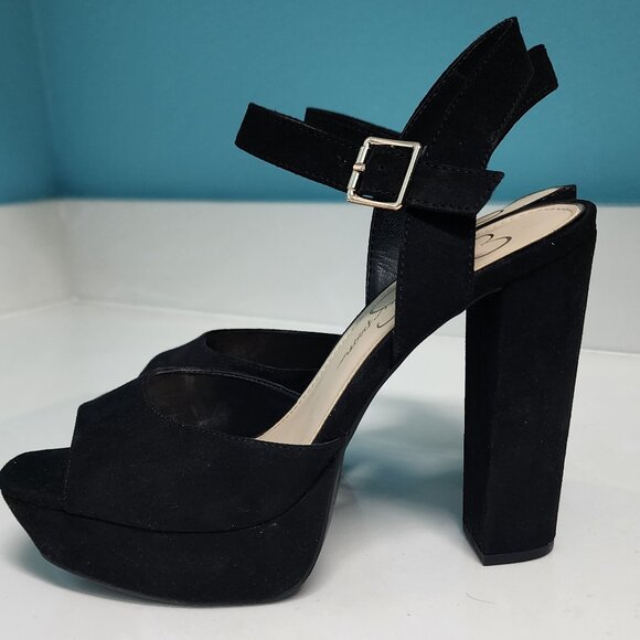 Jessica Simpson Black Suede Peep Toe Ultra High Block Heels Sz 8.5 - Picture 3 of 10